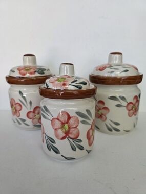 Vintage Hand-Painted Floral Ceramic Canister - Coral Flowers.